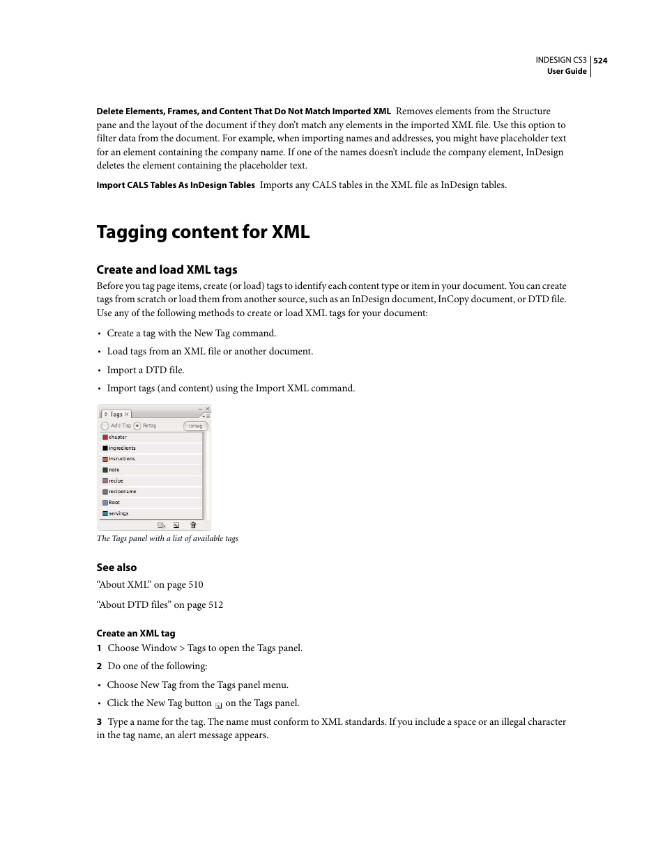 Tagging content for xml, Create and load xml tags | Adobe InDesign CS3 User Manual | Page 531 / 672