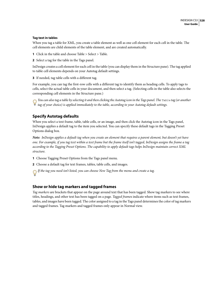 Specify autotag defaults, Show or hide tag markers and tagged frames | Adobe InDesign CS3 User Manual | Page 535 / 672