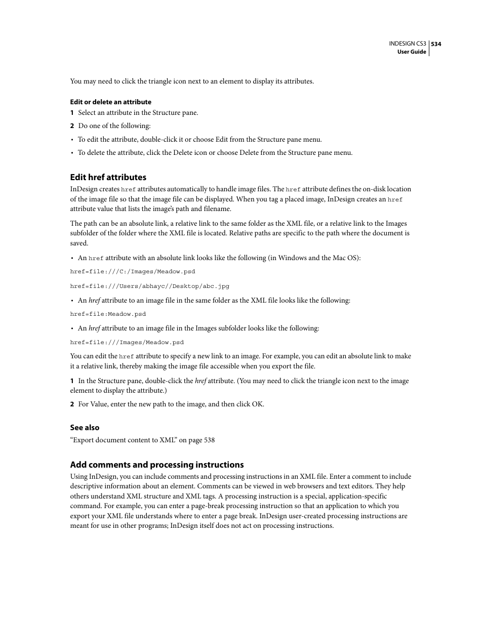Edit href attributes, Add comments and processing instructions | Adobe InDesign CS3 User Manual | Page 541 / 672