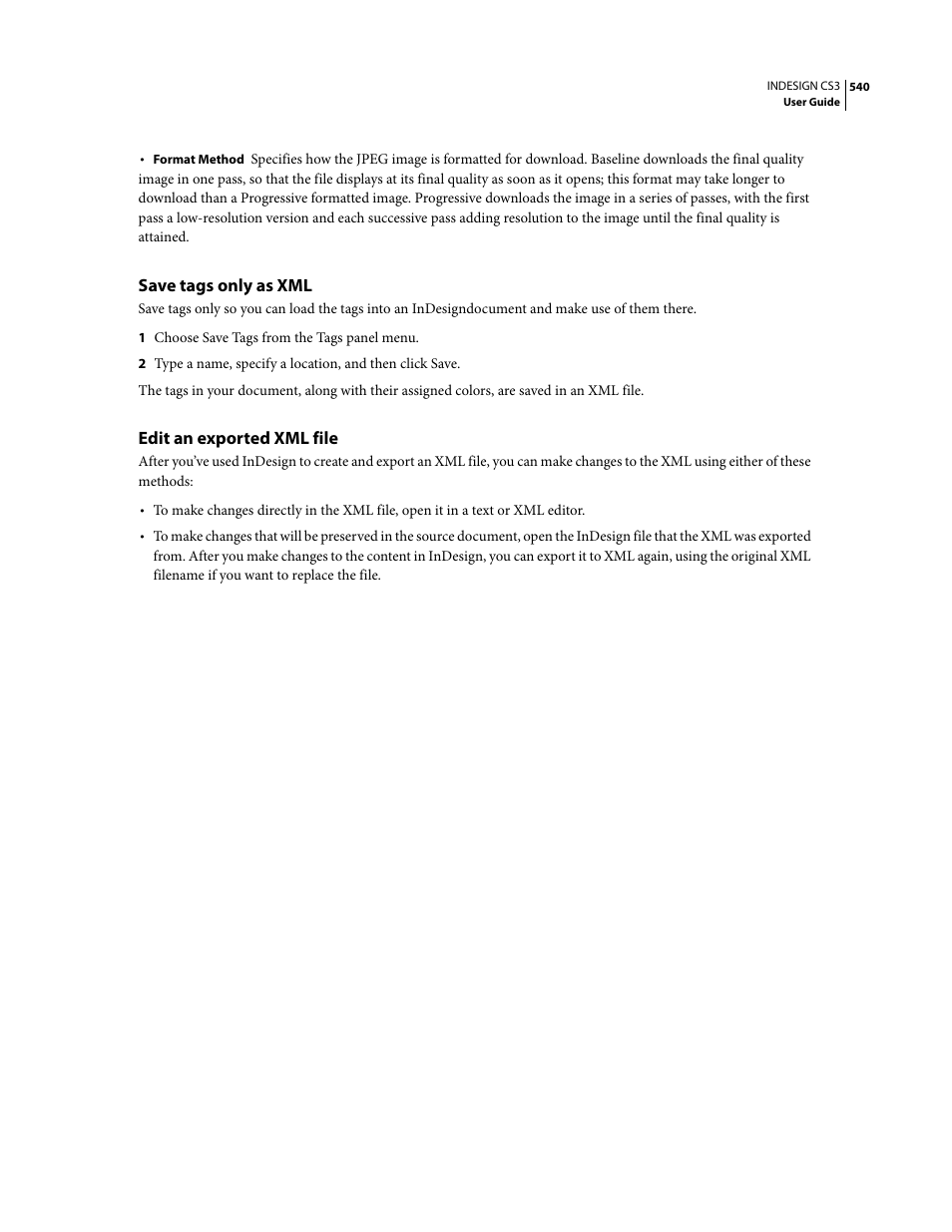 Save tags only as xml, Edit an exported xml file | Adobe InDesign CS3 User Manual | Page 547 / 672