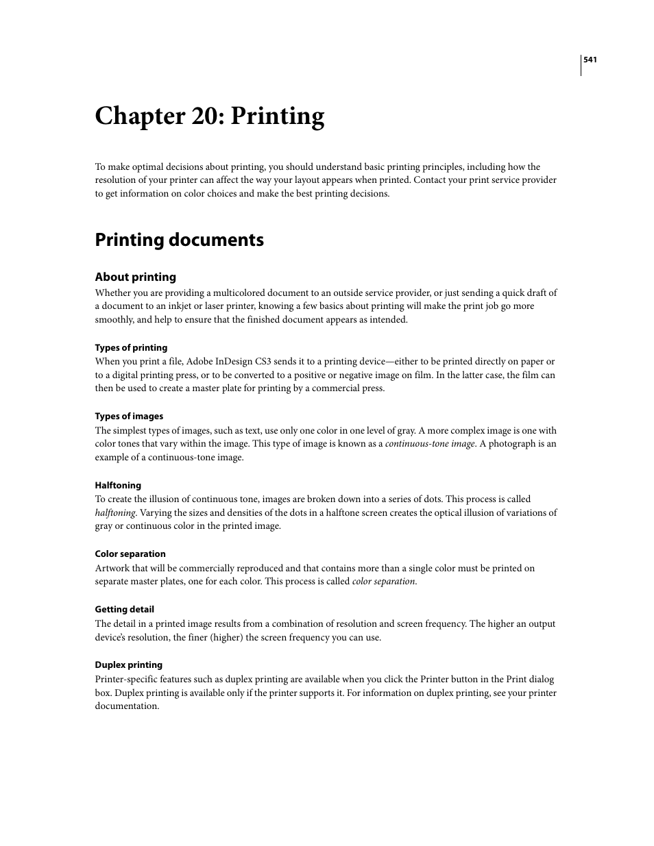 Chapter 20: printing, Printing documents, About printing | Adobe InDesign CS3 User Manual | Page 548 / 672