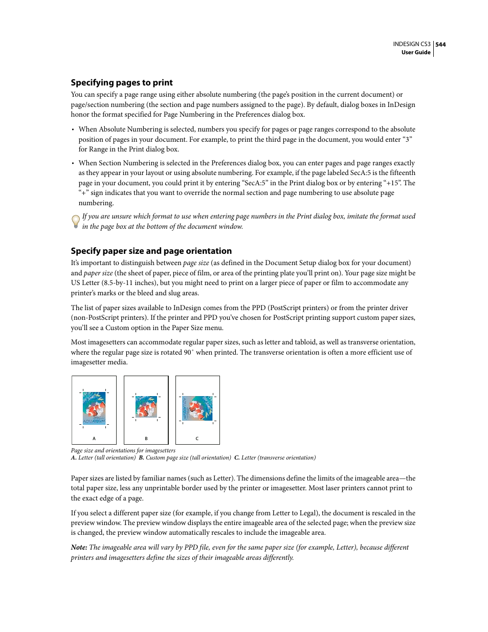 Specifying pages to print, Specify paper size and page orientation | Adobe InDesign CS3 User Manual | Page 551 / 672