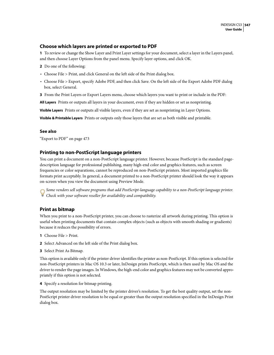 Choose which layers are printed or exported to pdf, Printing to non-postscript language printers, Print as bitmap | Adobe InDesign CS3 User Manual | Page 554 / 672