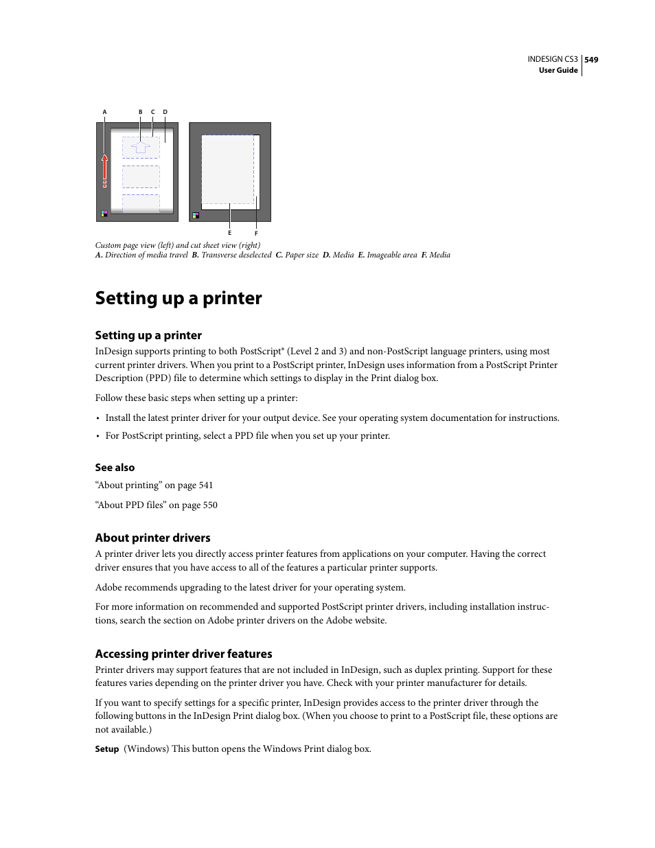 Setting up a printer, About printer drivers, Accessing printer driver features | Adobe InDesign CS3 User Manual | Page 556 / 672