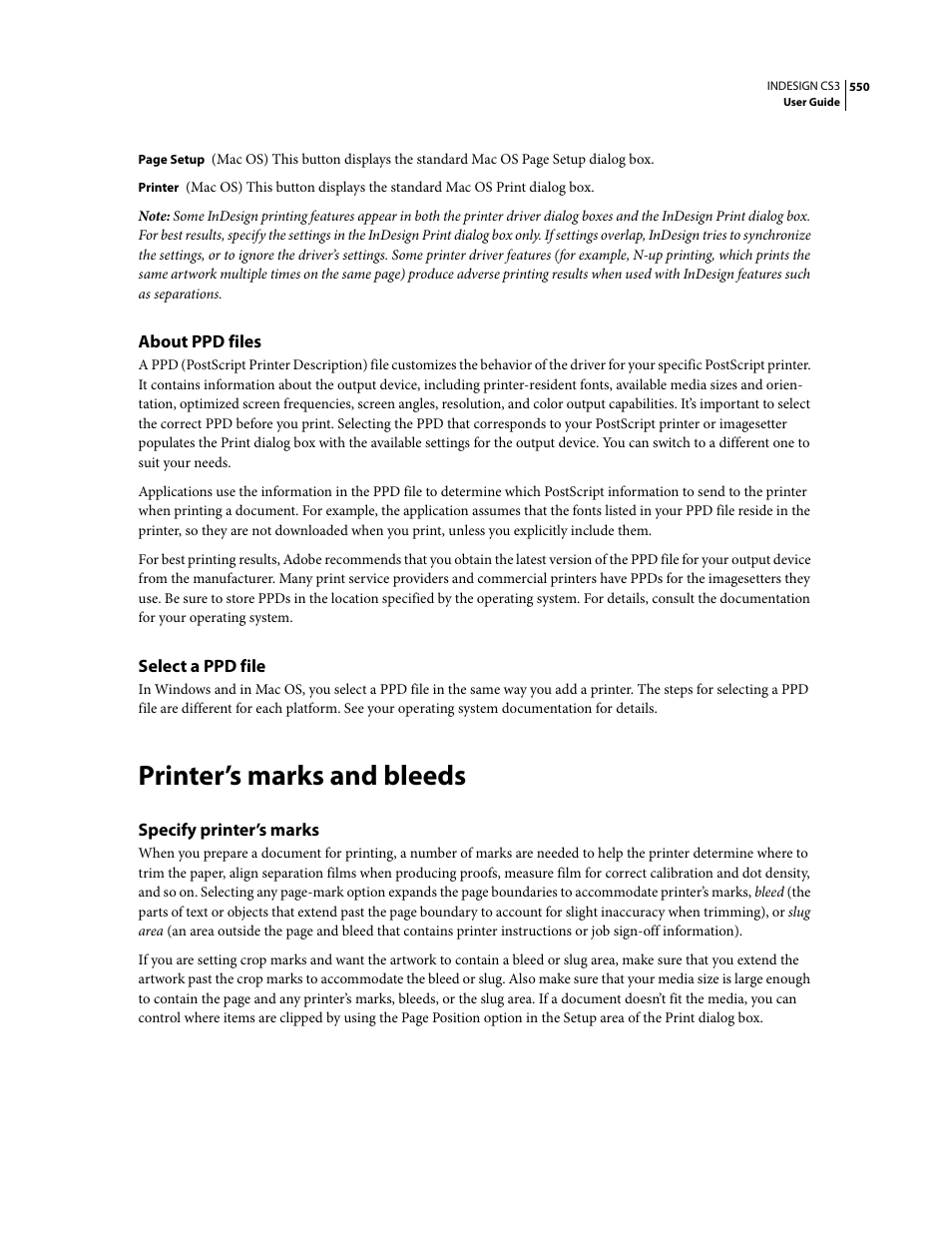 About ppd files, Select a ppd file, Printer’s marks and bleeds | Specify printer’s marks | Adobe InDesign CS3 User Manual | Page 557 / 672