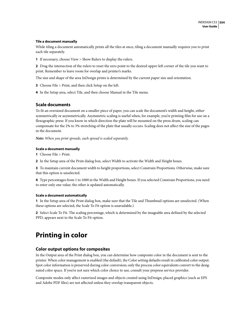Scale documents, Printing in color, Color output options for composites | Adobe InDesign CS3 User Manual | Page 561 / 672