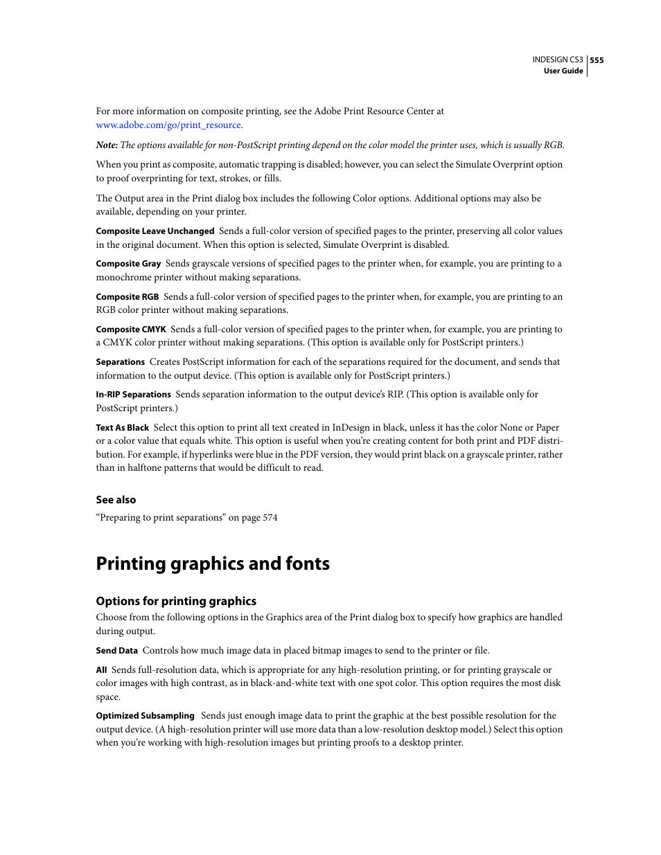 Printing graphics and fonts, Options for printing graphics | Adobe InDesign CS3 User Manual | Page 562 / 672