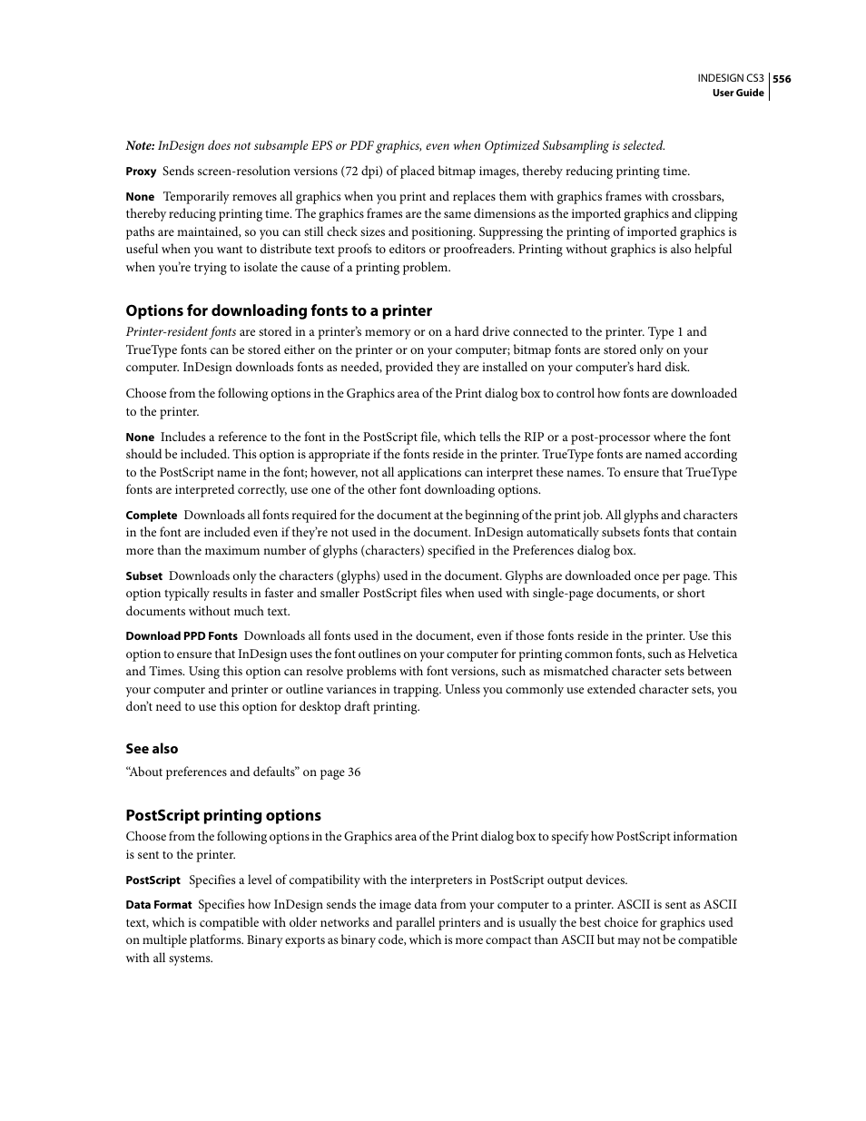 Options for downloading fonts to a printer, Postscript printing options | Adobe InDesign CS3 User Manual | Page 563 / 672