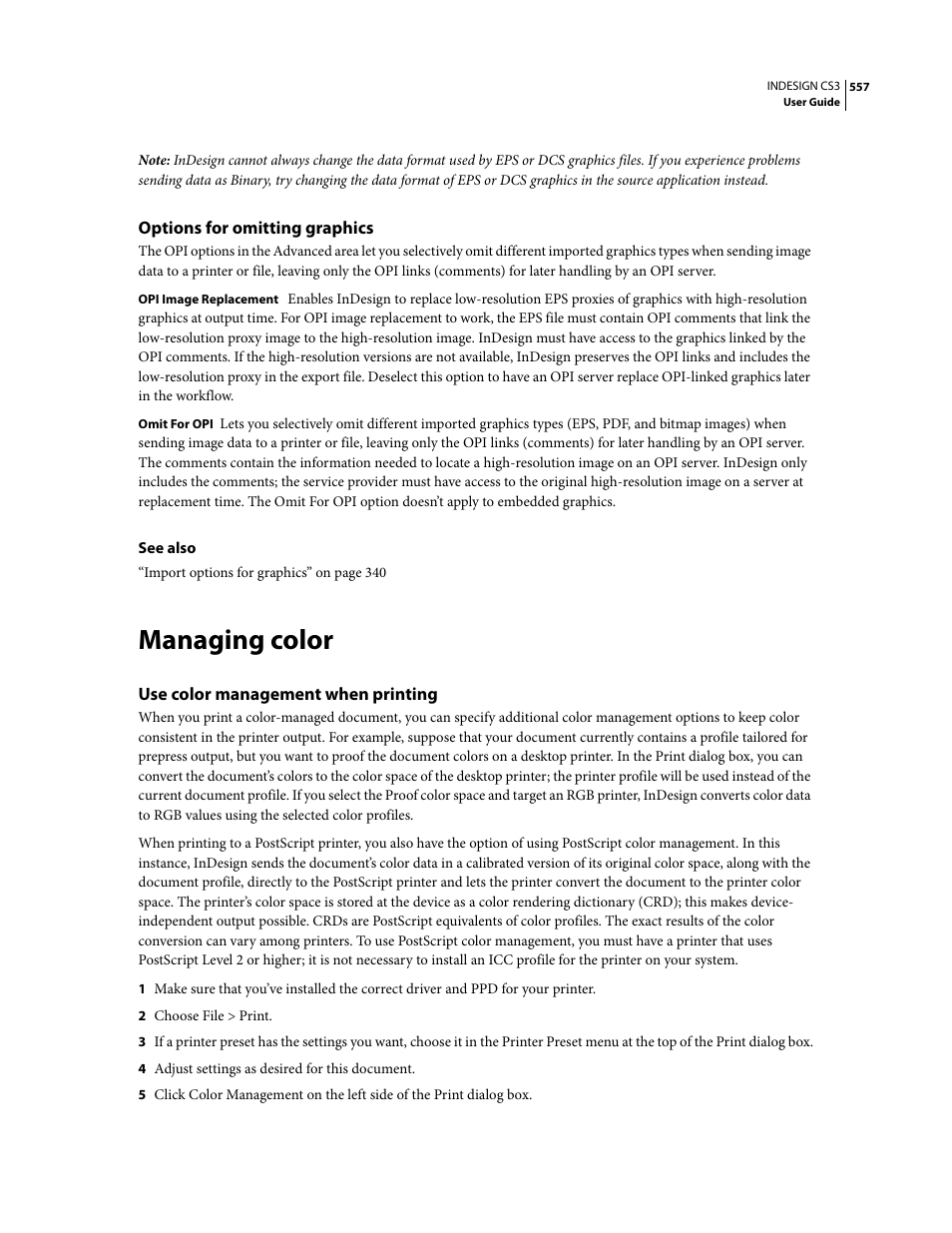 Options for omitting graphics, Managing color, Use color management when printing | Adobe InDesign CS3 User Manual | Page 564 / 672