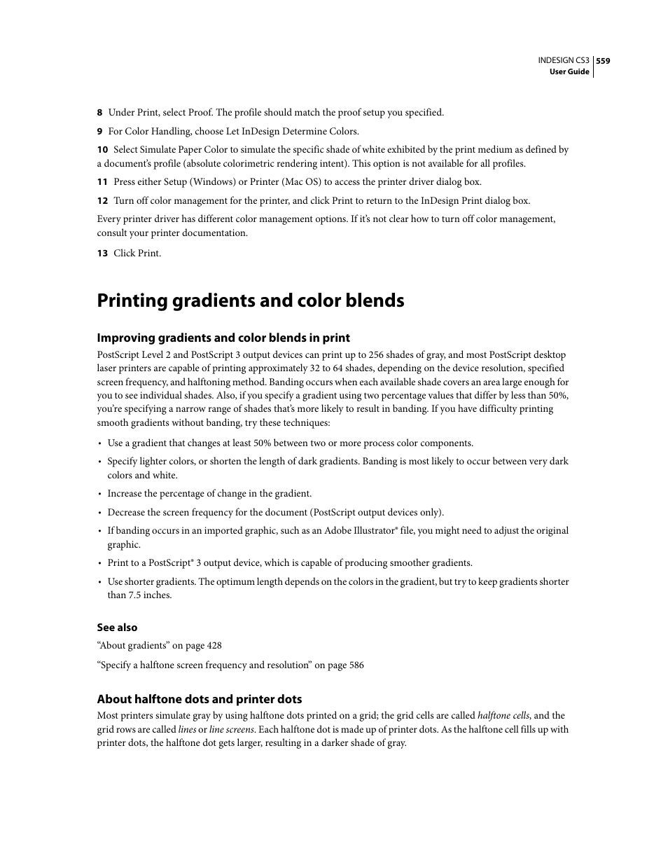 Printing gradients and color blends, Improving gradients and color blends in print, About halftone dots and printer dots | Adobe InDesign CS3 User Manual | Page 566 / 672