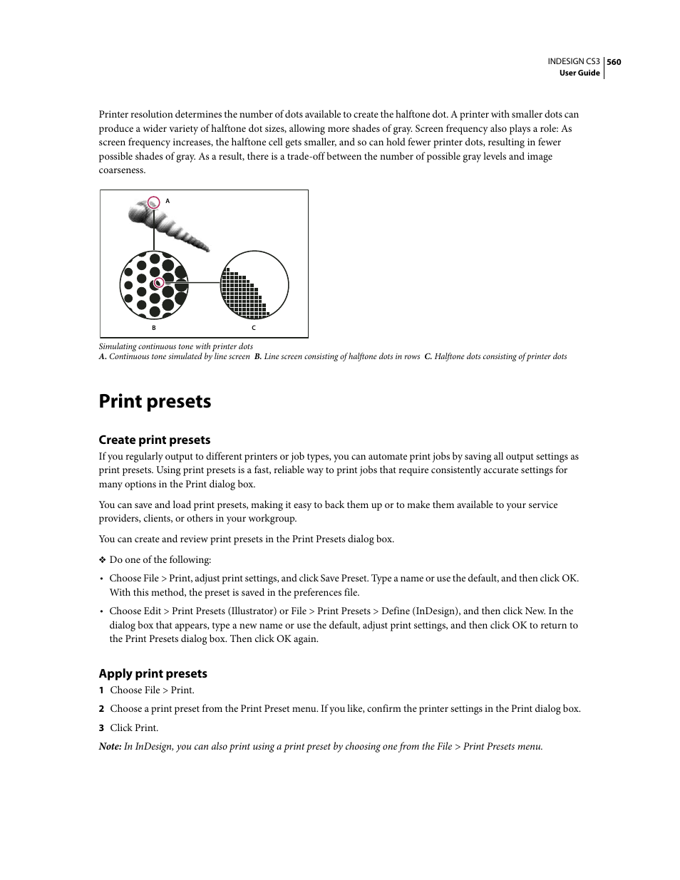 Print presets, Create print presets, Apply print presets | Adobe InDesign CS3 User Manual | Page 567 / 672
