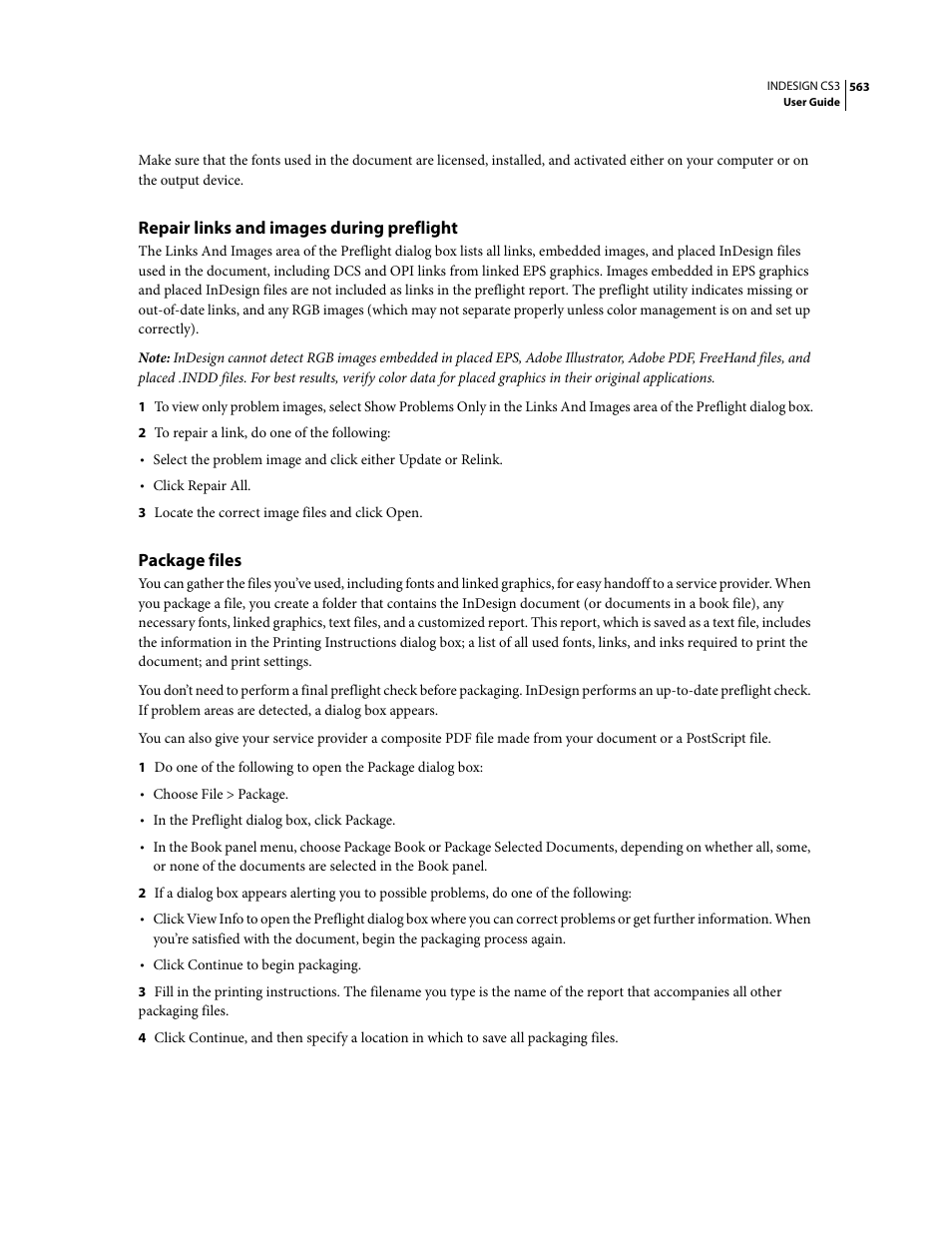 Repair links and images during preflight, Package files | Adobe InDesign CS3 User Manual | Page 570 / 672