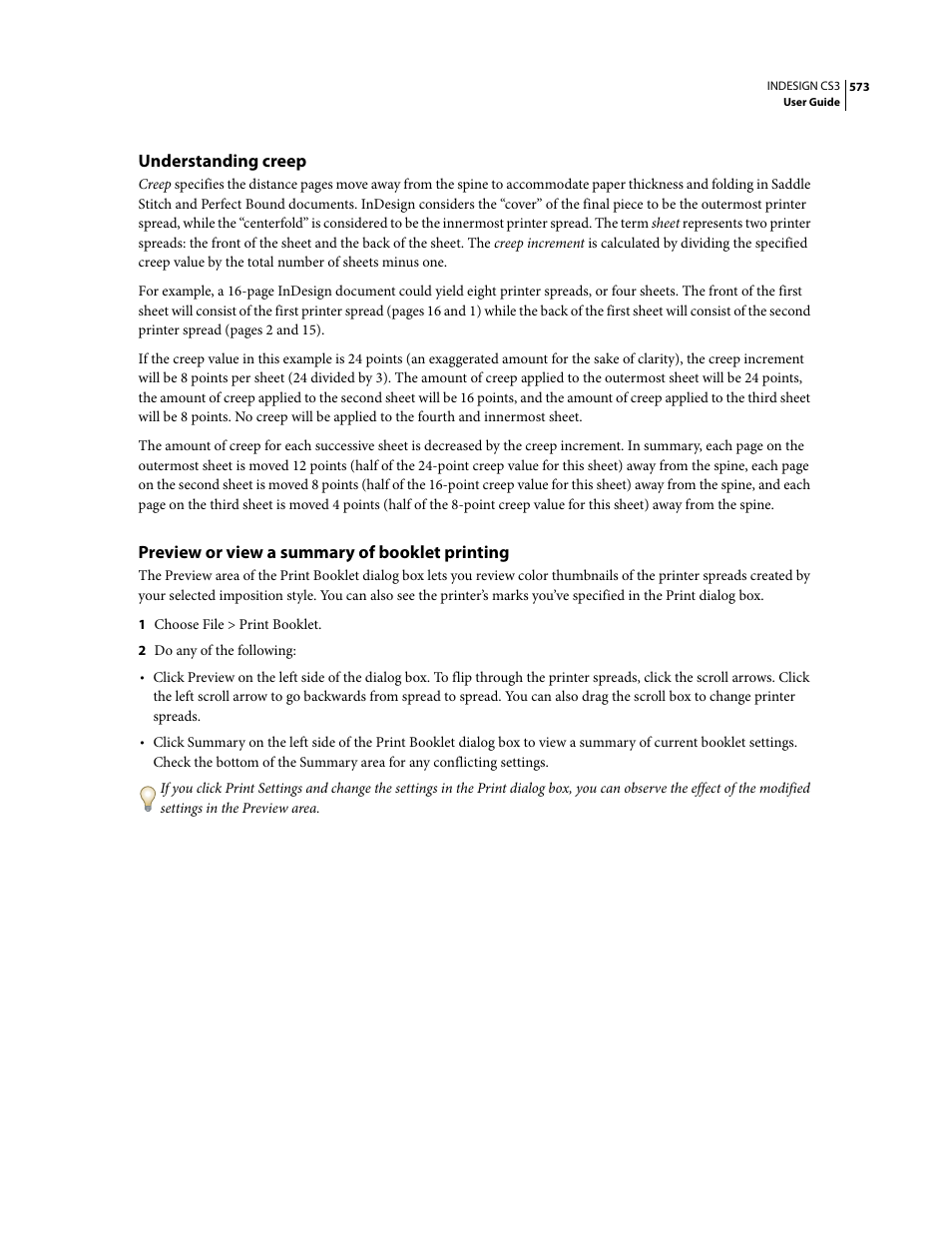 Understanding creep, Preview or view a summary of booklet printing | Adobe InDesign CS3 User Manual | Page 580 / 672