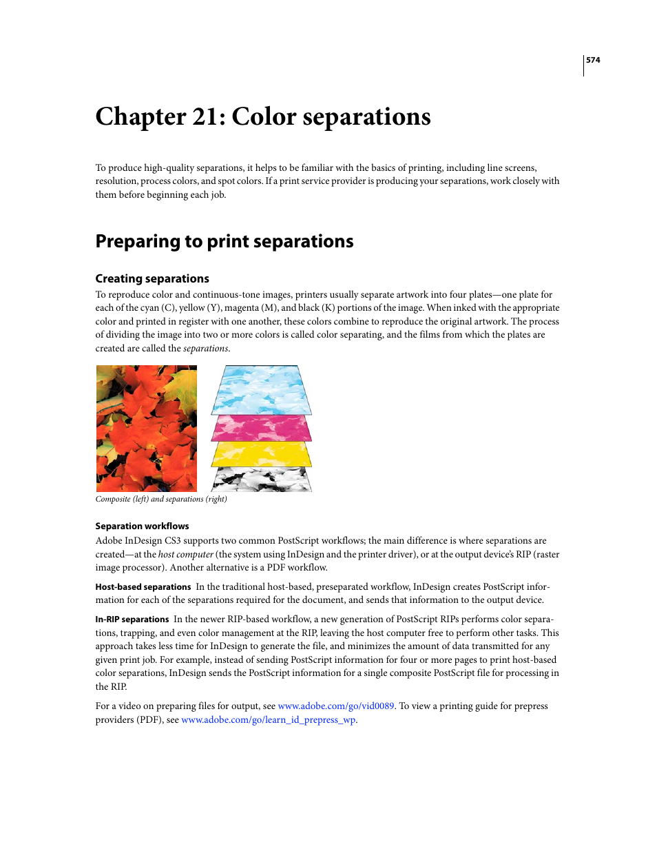 Chapter 21: color separations, Preparing to print separations, Creating separations | Adobe InDesign CS3 User Manual | Page 581 / 672