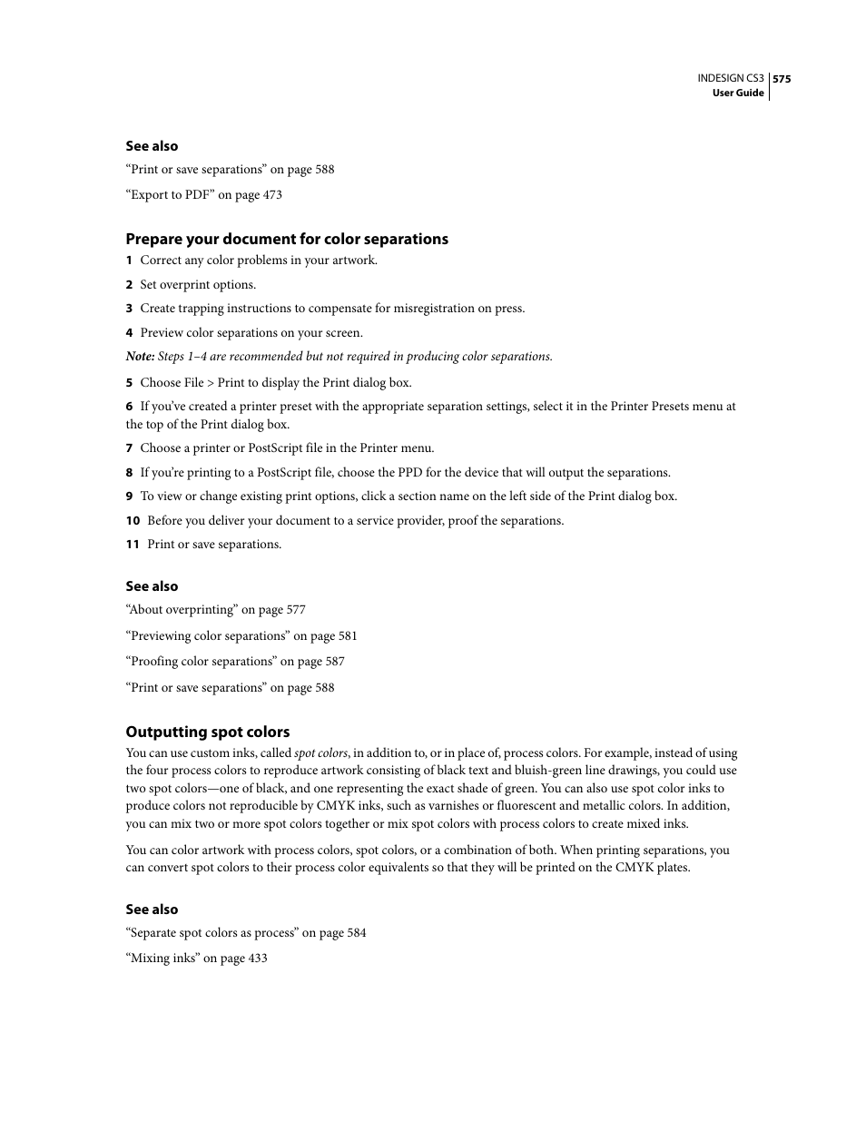 Prepare your document for color separations, Outputting spot colors | Adobe InDesign CS3 User Manual | Page 582 / 672