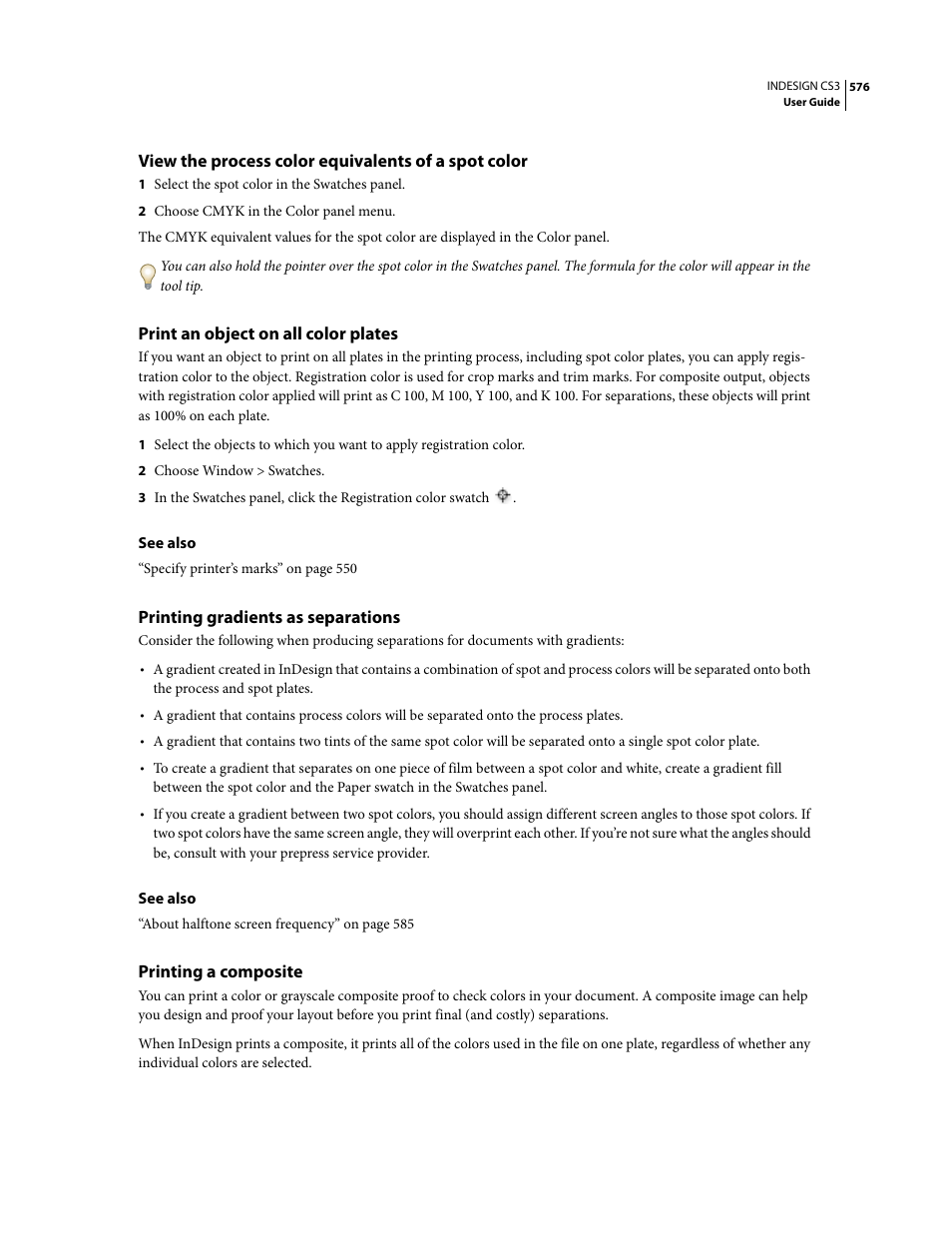 View the process color equivalents of a spot color, Print an object on all color plates, Printing gradients as separations | Printing a composite | Adobe InDesign CS3 User Manual | Page 583 / 672