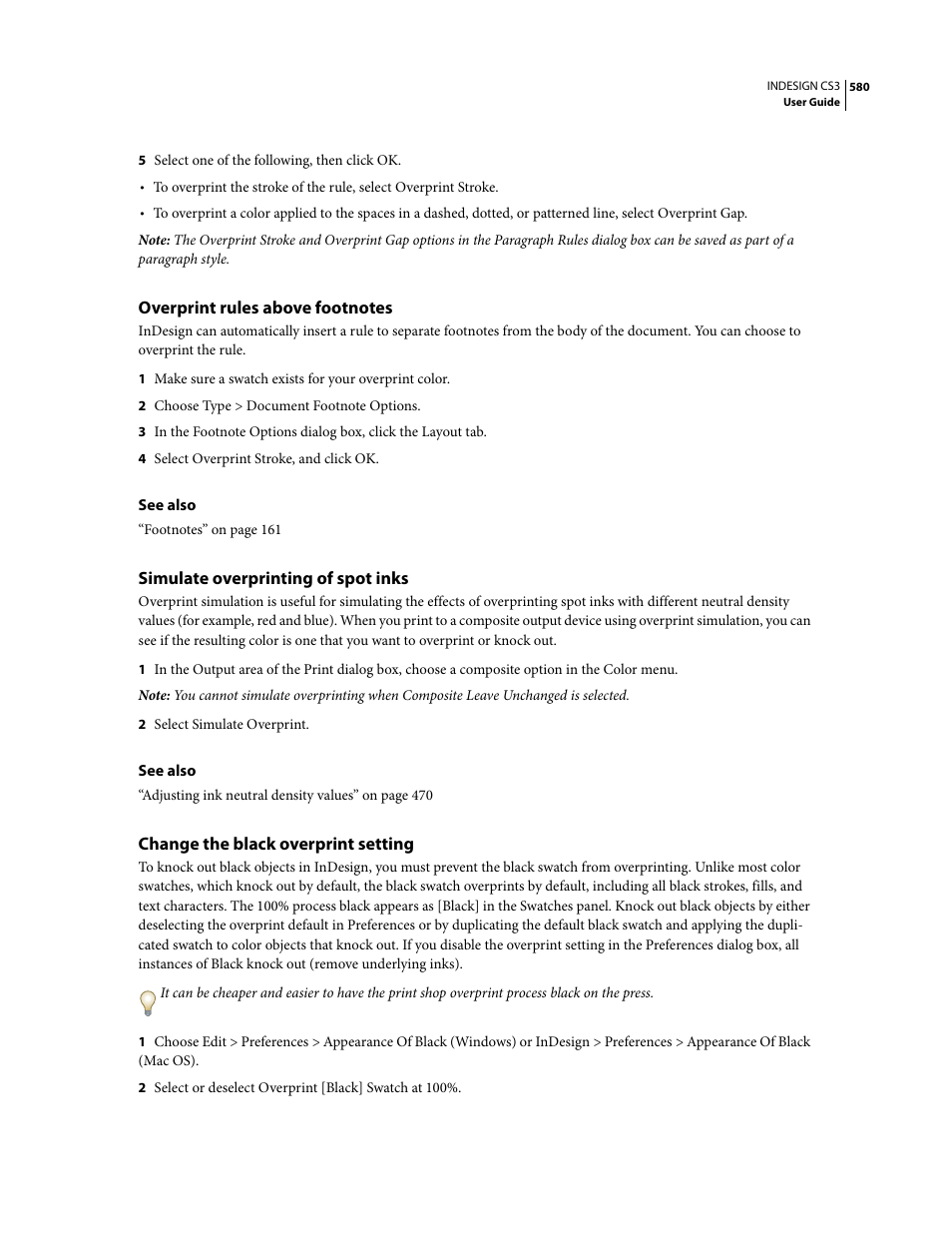 Overprint rules above footnotes, Simulate overprinting of spot inks, Change the black overprint setting | Adobe InDesign CS3 User Manual | Page 587 / 672