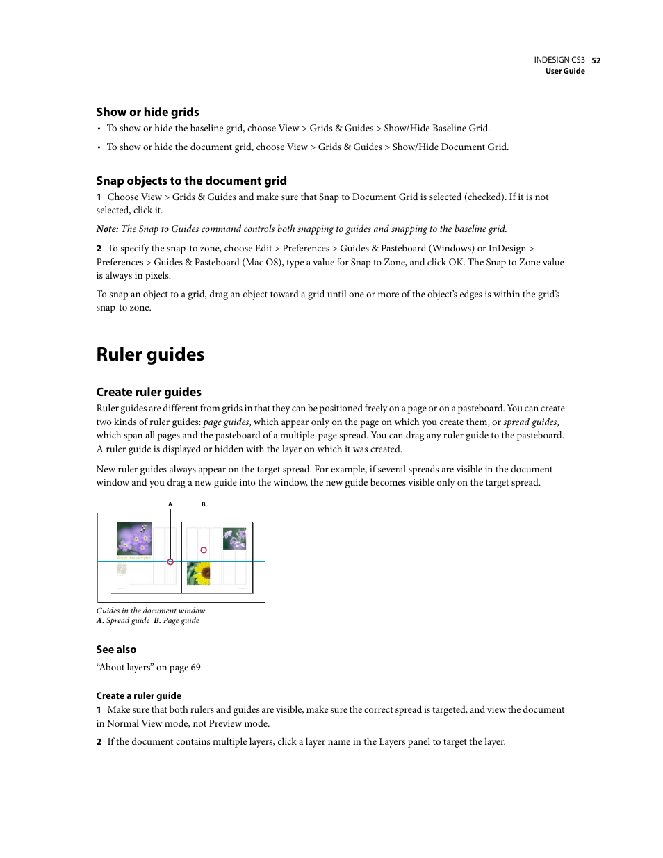 Show or hide grids, Snap objects to the document grid, Ruler guides | Create ruler guides | Adobe InDesign CS3 User Manual | Page 59 / 672