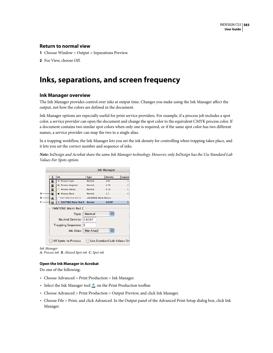 Return to normal view, Inks, separations, and screen frequency, Ink manager overview | Adobe InDesign CS3 User Manual | Page 590 / 672