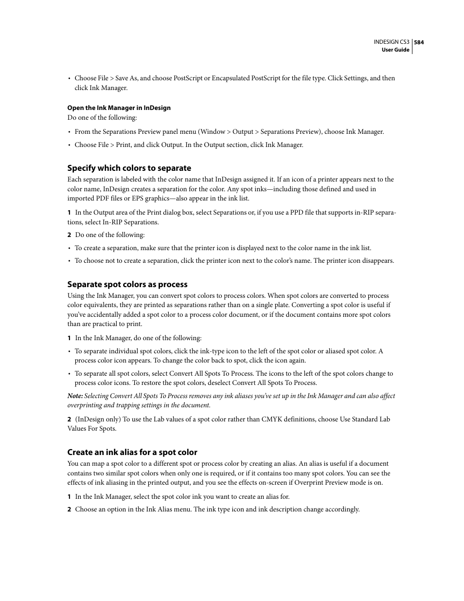 Specify which colors to separate, Separate spot colors as process, Create an ink alias for a spot color | Adobe InDesign CS3 User Manual | Page 591 / 672