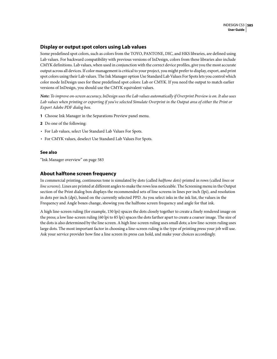 Display or output spot colors using lab values, About halftone screen frequency | Adobe InDesign CS3 User Manual | Page 592 / 672