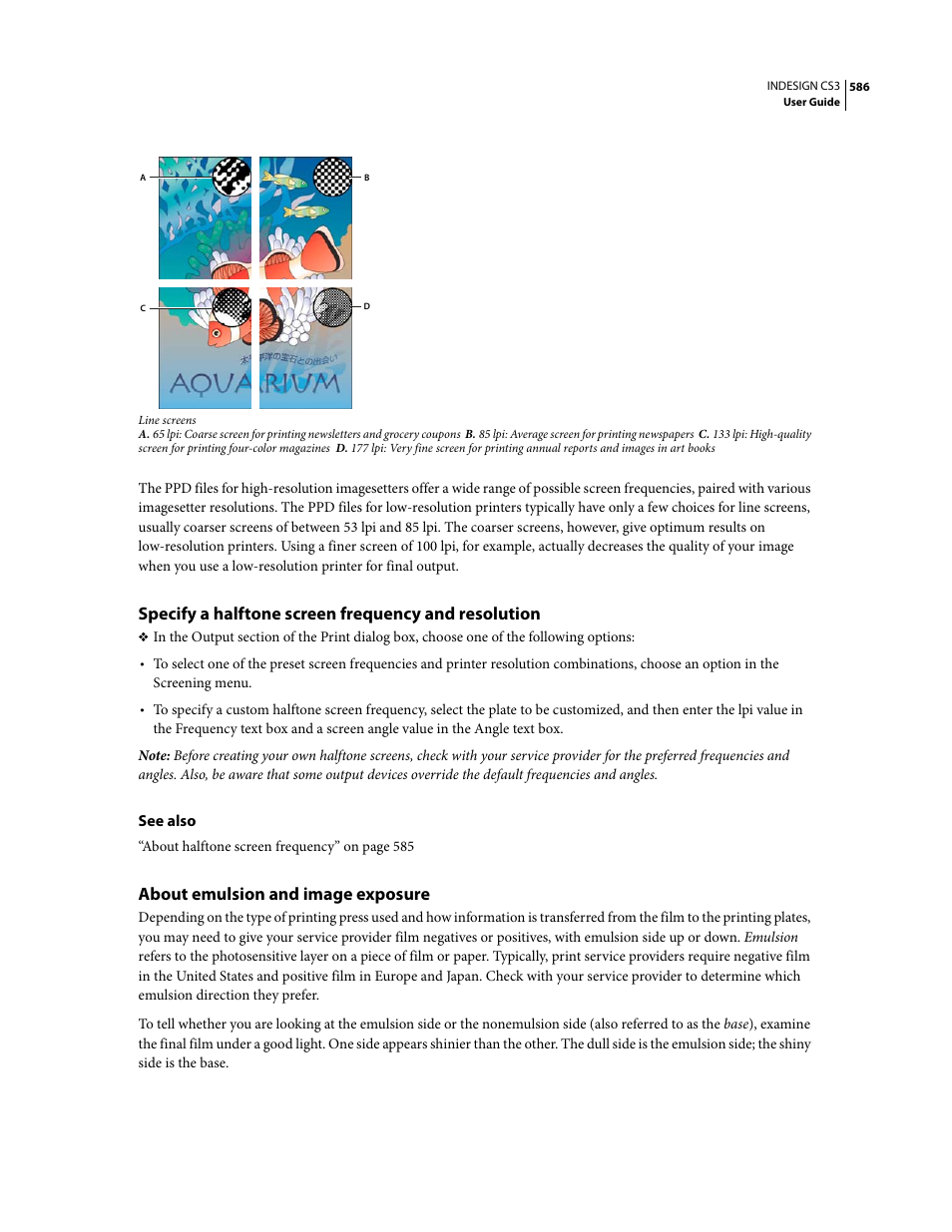 Specify a halftone screen frequency and resolution, About emulsion and image exposure | Adobe InDesign CS3 User Manual | Page 593 / 672