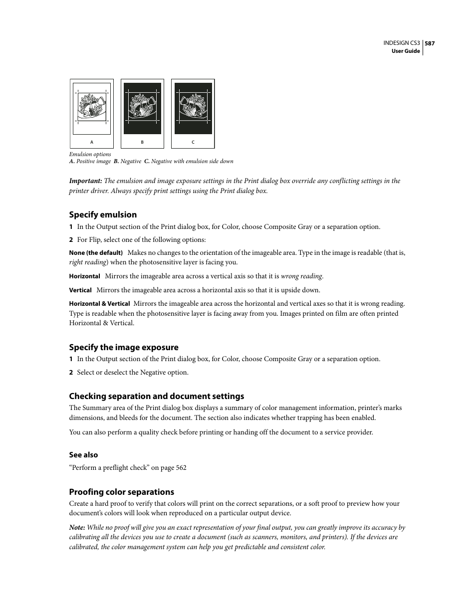 Specify emulsion, Specify the image exposure, Checking separation and document settings | Proofing color separations | Adobe InDesign CS3 User Manual | Page 594 / 672