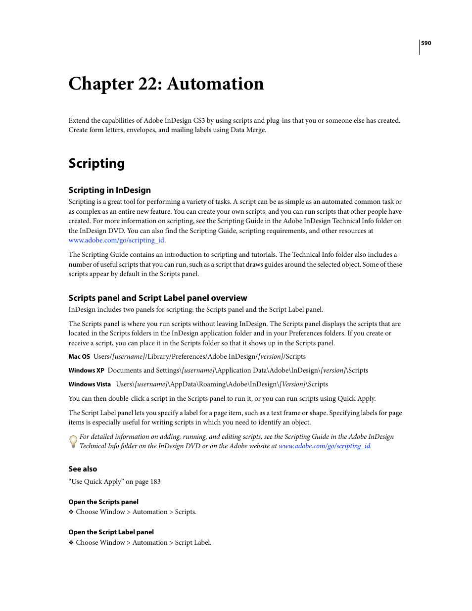 Chapter 22: automation, Scripting, Scripting in indesign | Scripts panel and script label panel overview | Adobe InDesign CS3 User Manual | Page 597 / 672