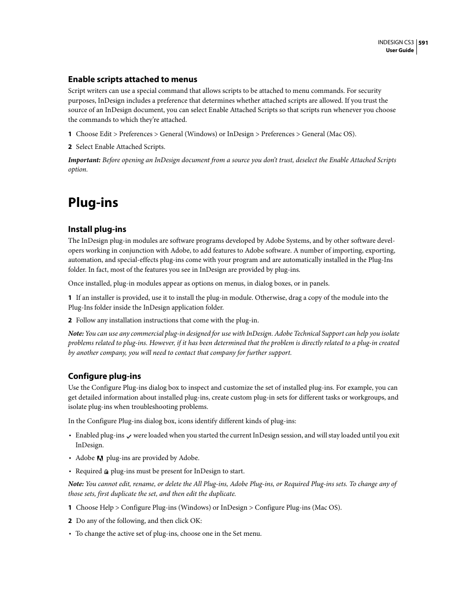 Enable scripts attached to menus, Plug-ins, Install plug-ins | Configure plug-ins | Adobe InDesign CS3 User Manual | Page 598 / 672