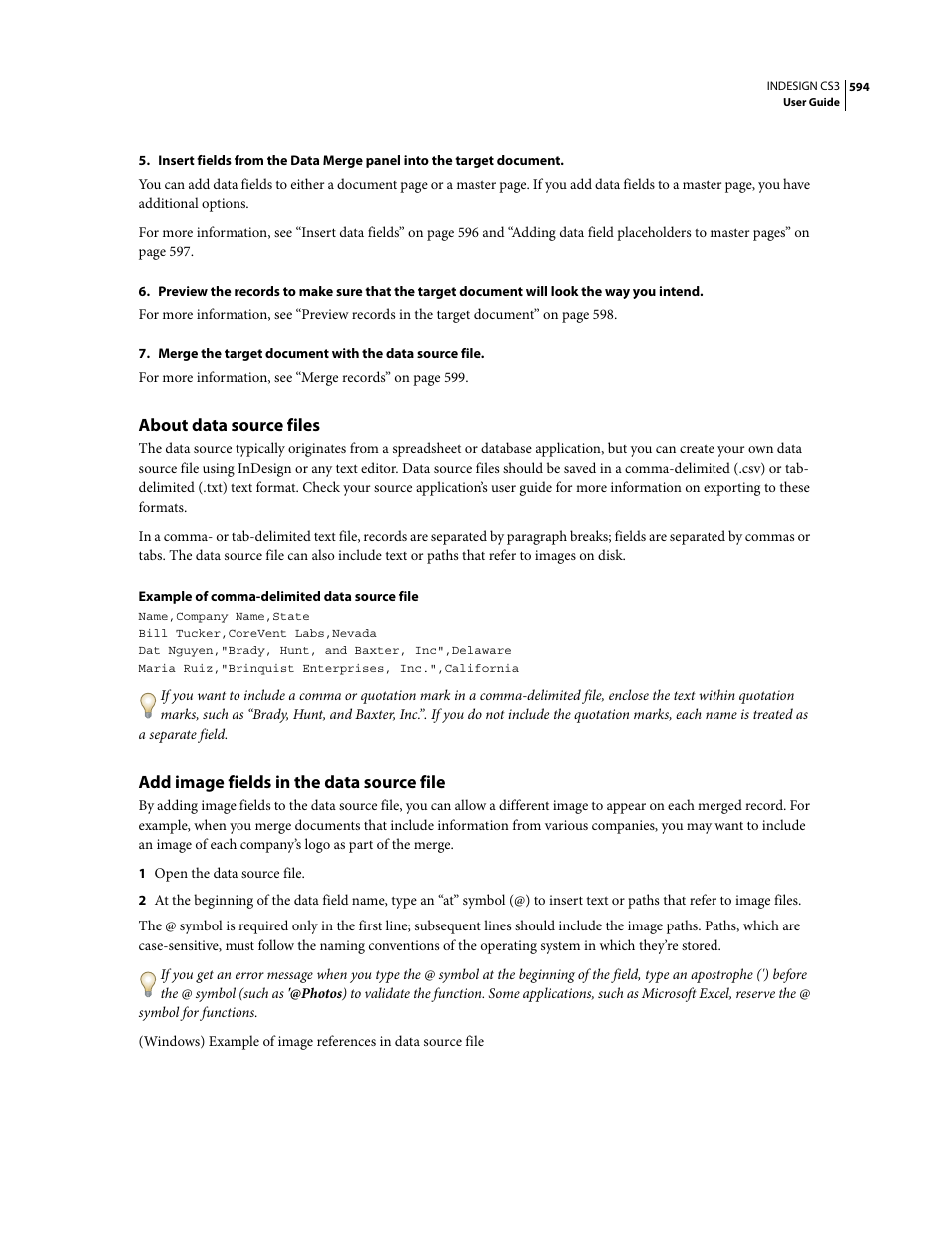 About data source files, Add image fields in the data source file | Adobe InDesign CS3 User Manual | Page 601 / 672
