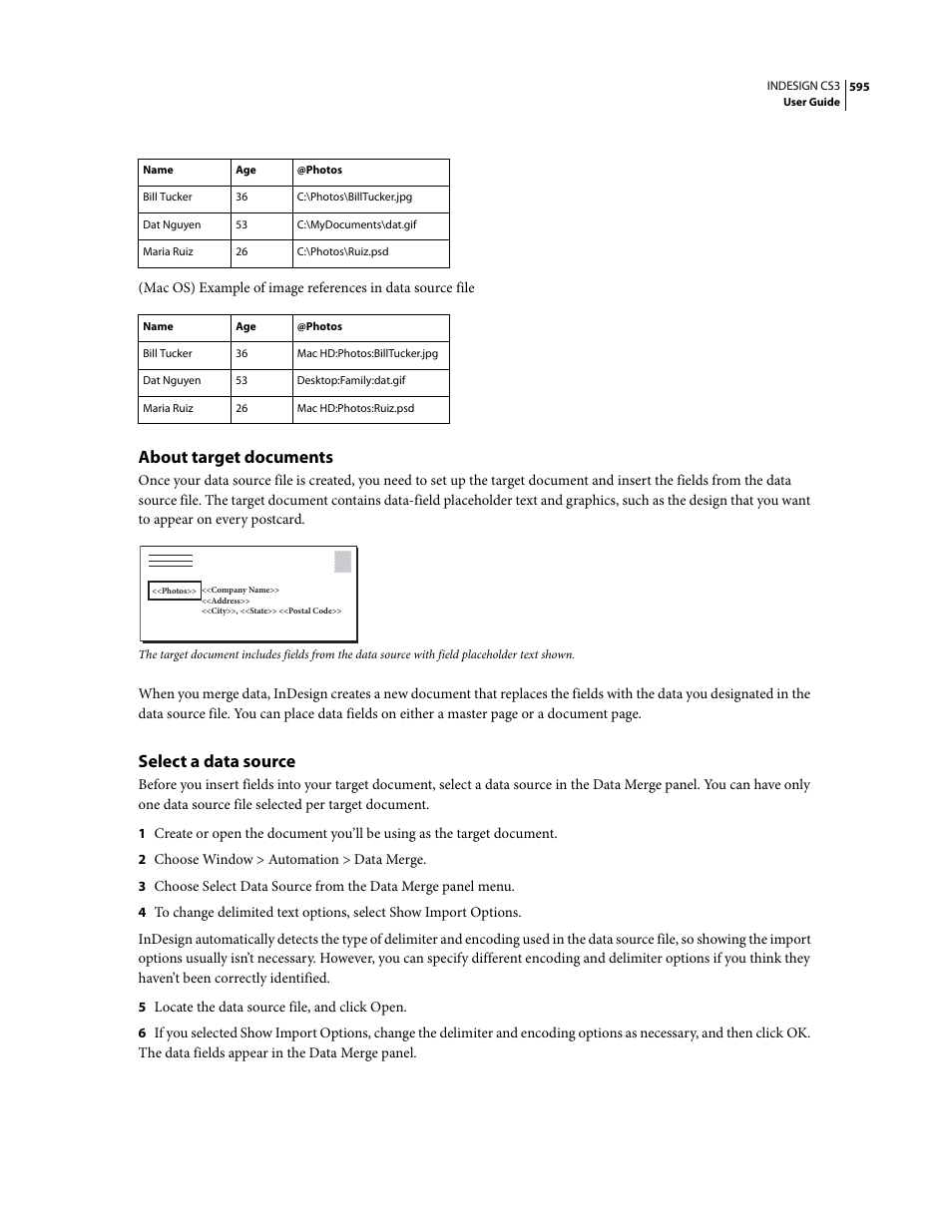 About target documents, Select a data source | Adobe InDesign CS3 User Manual | Page 602 / 672