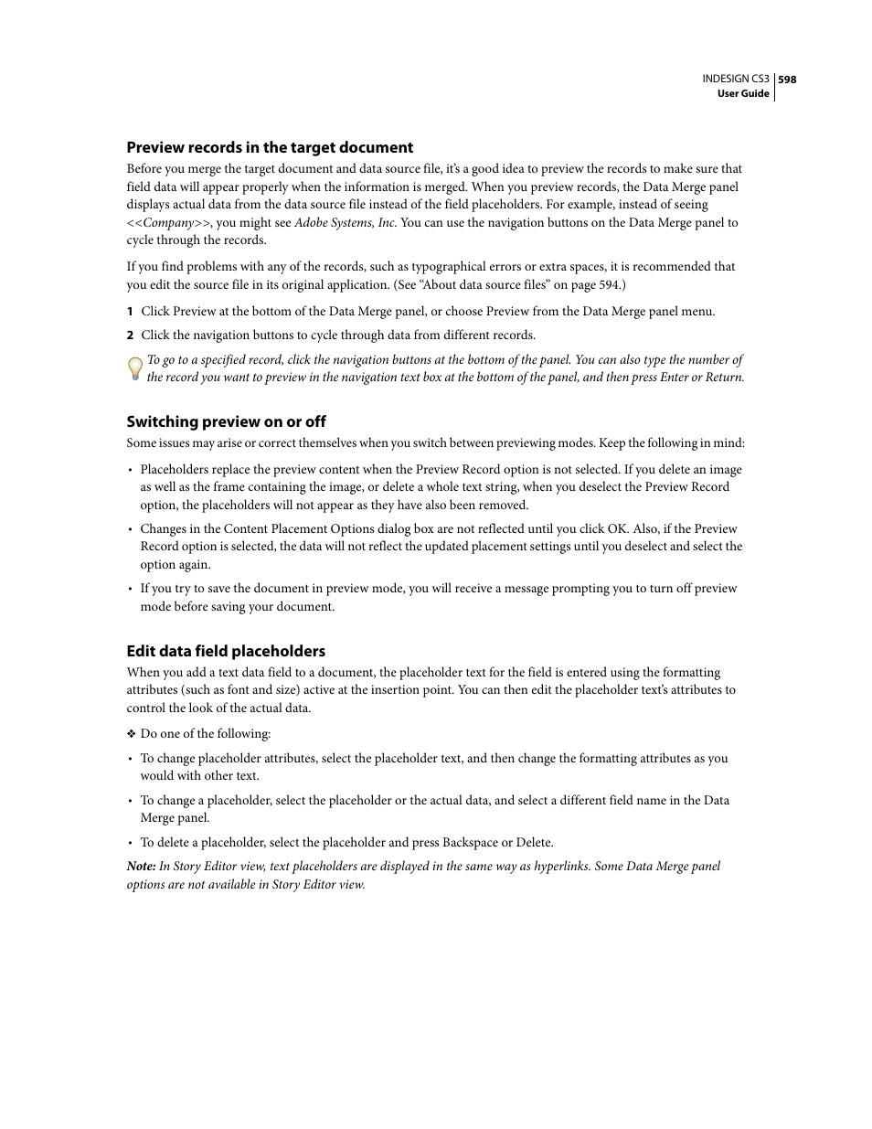 Preview records in the target document, Switching preview on or off, Edit data field placeholders | Adobe InDesign CS3 User Manual | Page 605 / 672