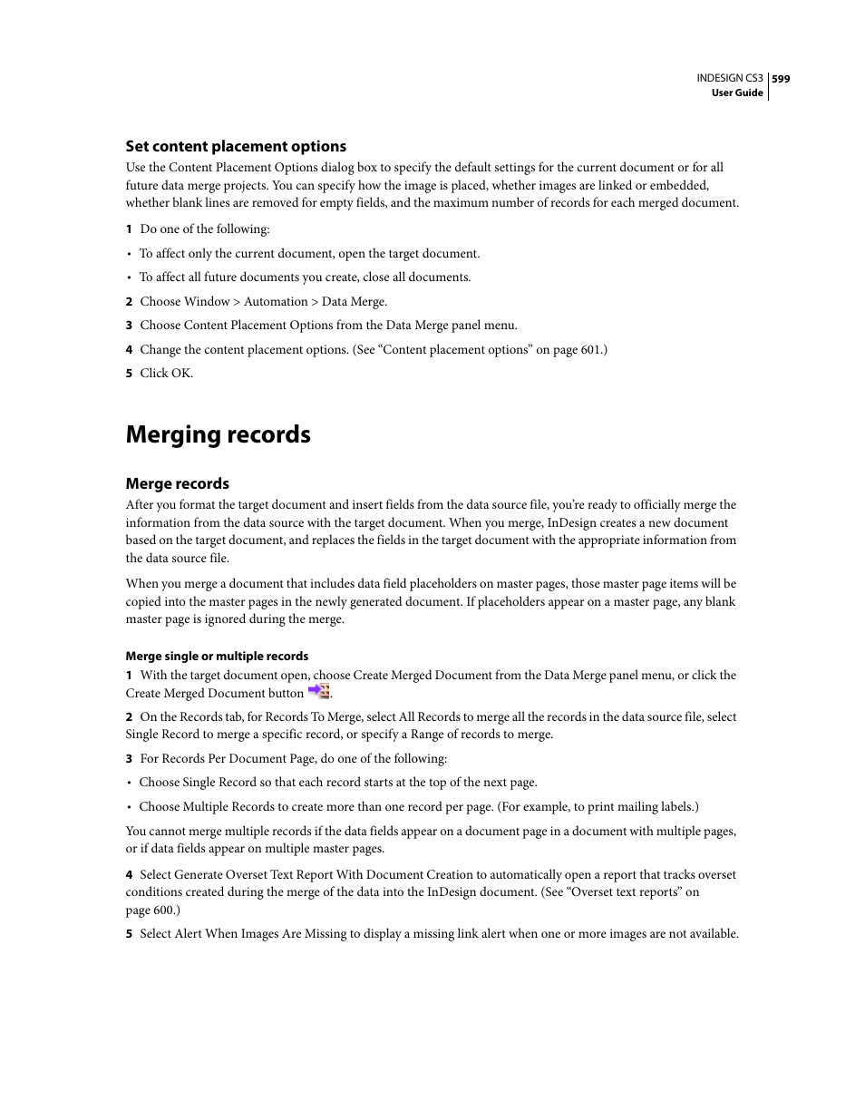 Set content placement options, Merging records, Merge records | Adobe InDesign CS3 User Manual | Page 606 / 672