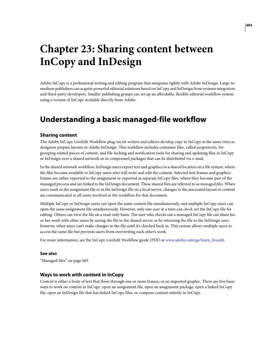 Understanding a basic managed-file workflow, Sharing content, Ways to work with content in incopy | Adobe InDesign CS3 User Manual | Page 609 / 672