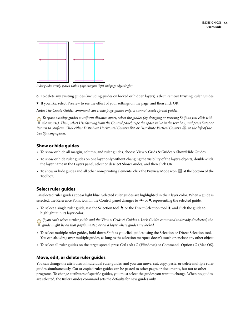 Show or hide guides, Select ruler guides, Move, edit, or delete ruler guides | Adobe InDesign CS3 User Manual | Page 61 / 672