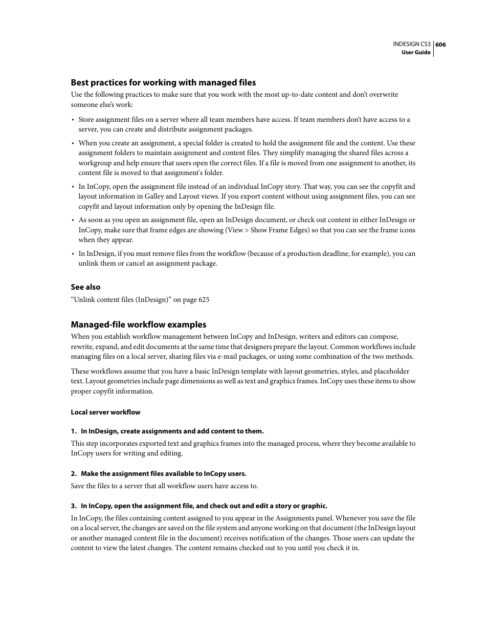 Best practices for working with managed files, Managed-file workflow examples | Adobe InDesign CS3 User Manual | Page 613 / 672