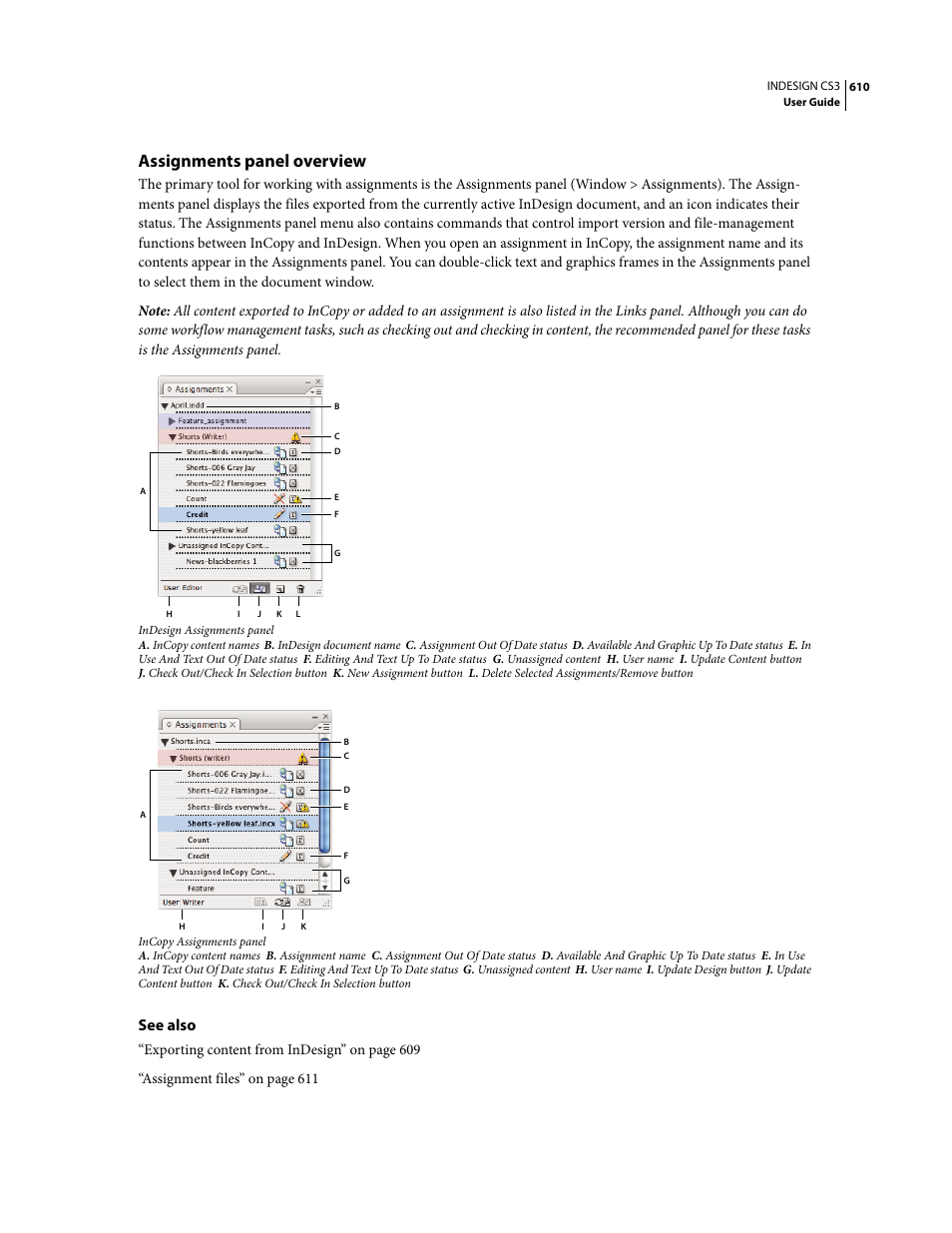 Assignments panel overview, See also | Adobe InDesign CS3 User Manual | Page 617 / 672