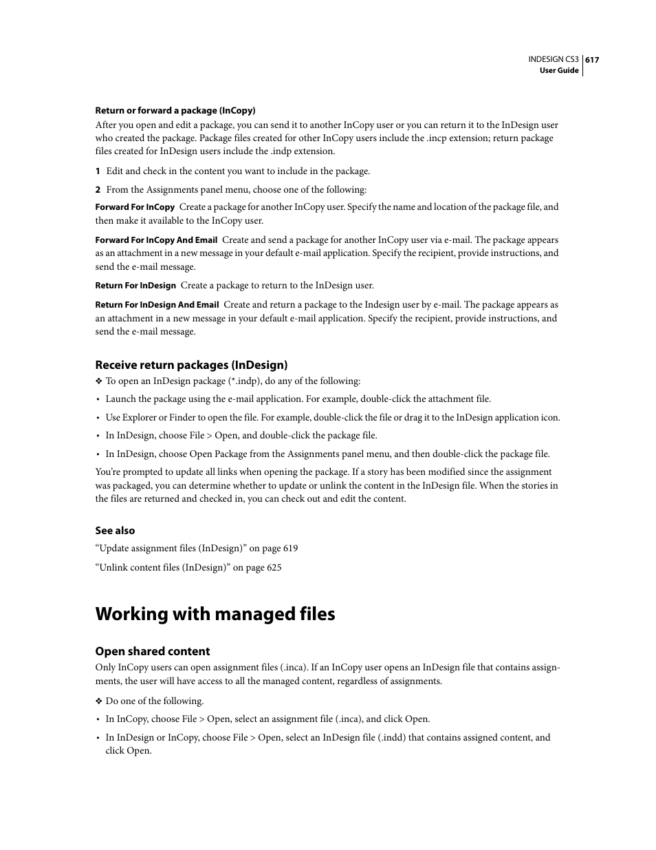 Receive return packages (indesign), Working with managed files, Open shared content | Adobe InDesign CS3 User Manual | Page 624 / 672