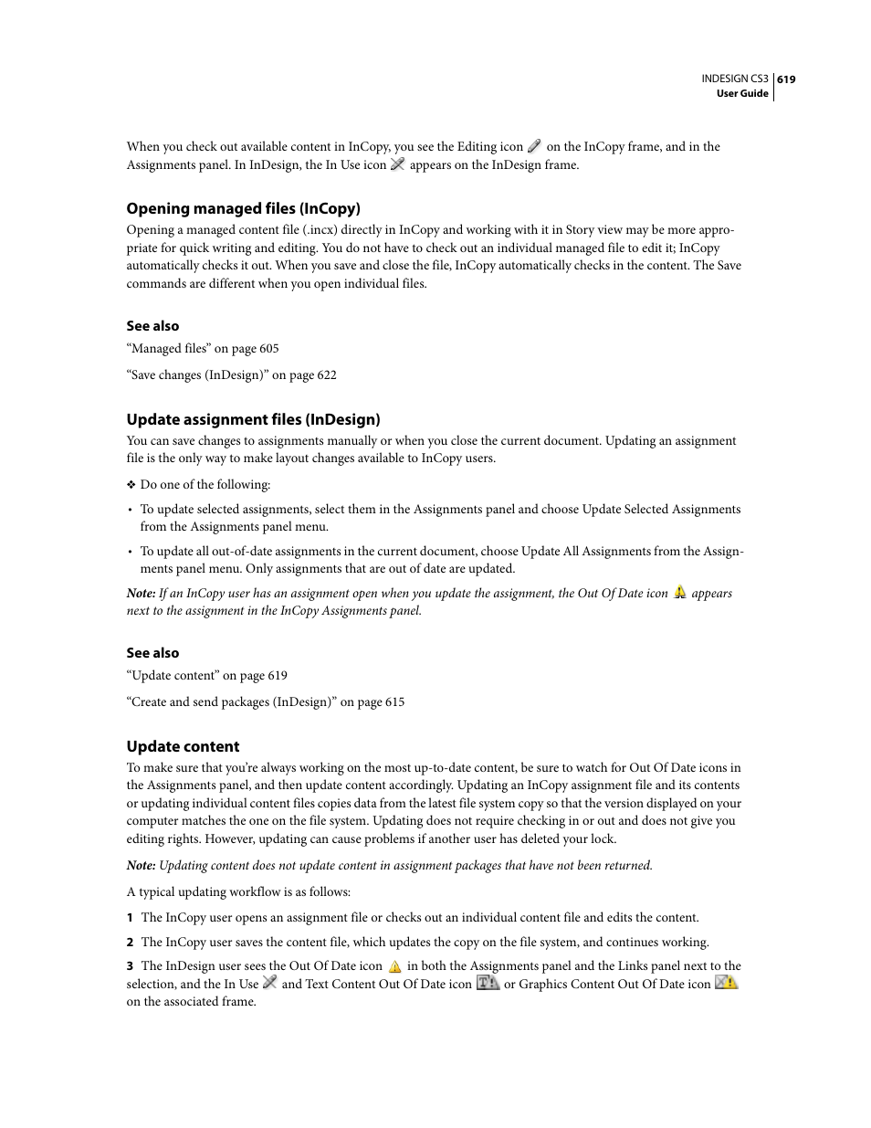 Opening managed files (incopy), Update assignment files (indesign), Update content | Adobe InDesign CS3 User Manual | Page 626 / 672