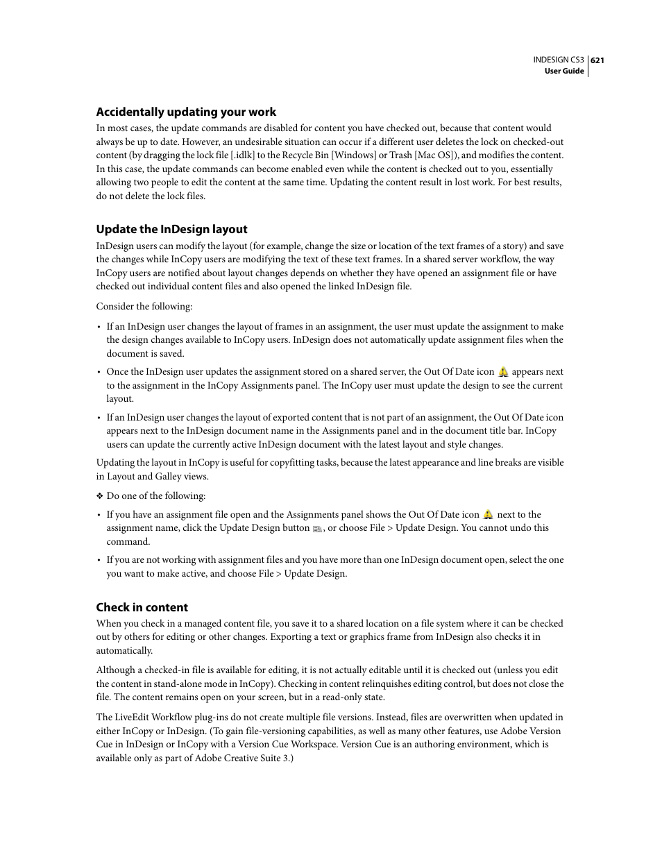 Accidentally updating your work, Update the indesign layout, Check in content | Adobe InDesign CS3 User Manual | Page 628 / 672