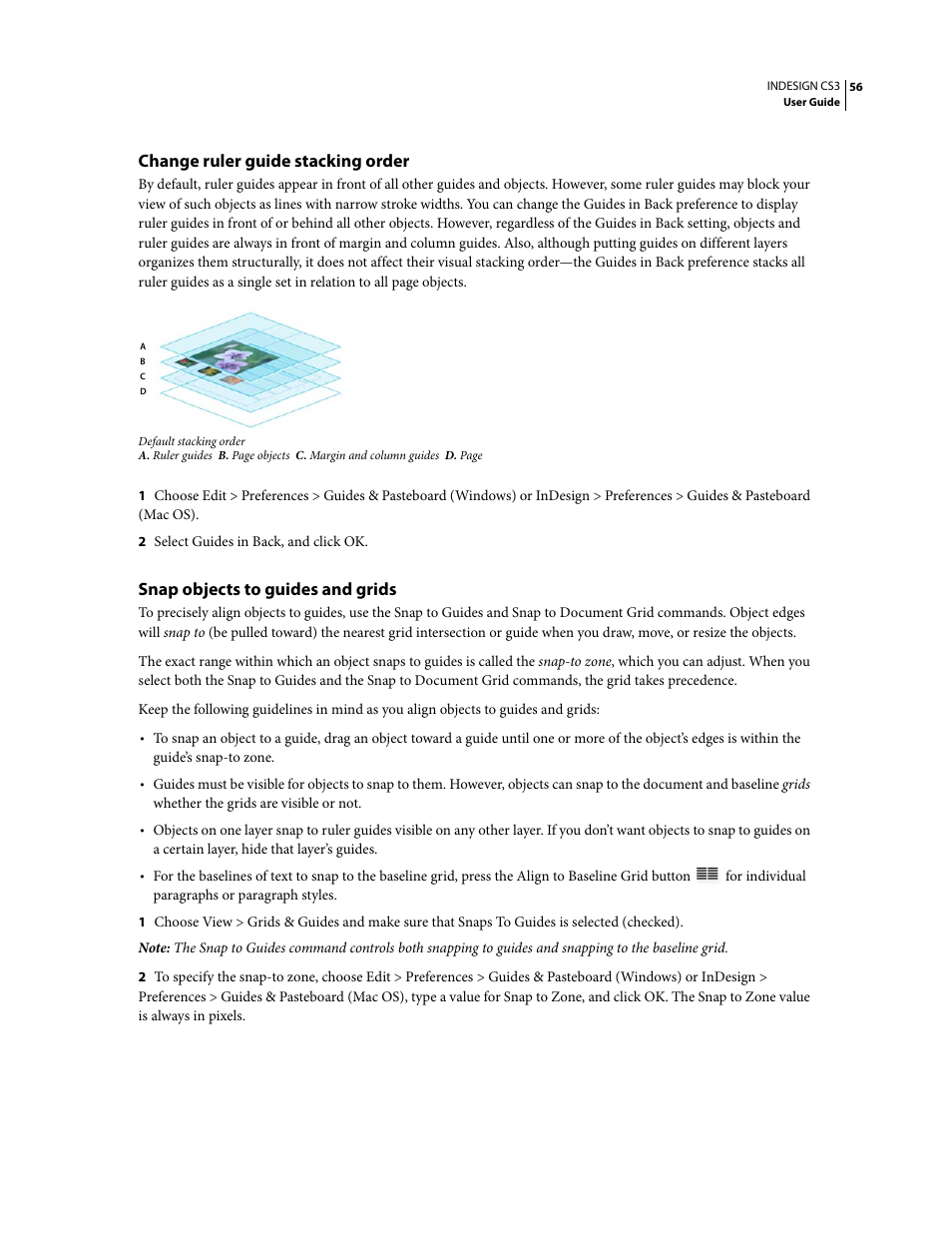 Change ruler guide stacking order, Snap objects to guides and grids | Adobe InDesign CS3 User Manual | Page 63 / 672