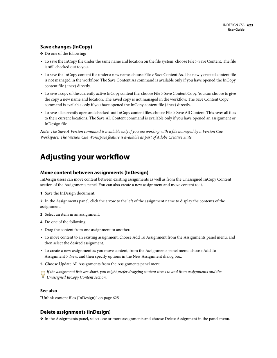Save changes (incopy), Adjusting your workflow, Move content between assignments (indesign) | Delete assignments (indesign) | Adobe InDesign CS3 User Manual | Page 630 / 672