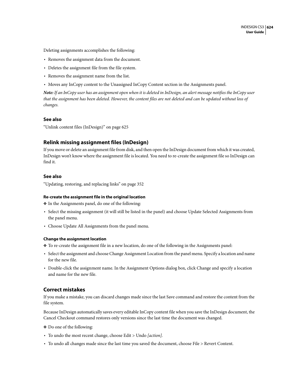 Relink missing assignment files (indesign), Correct mistakes | Adobe InDesign CS3 User Manual | Page 631 / 672