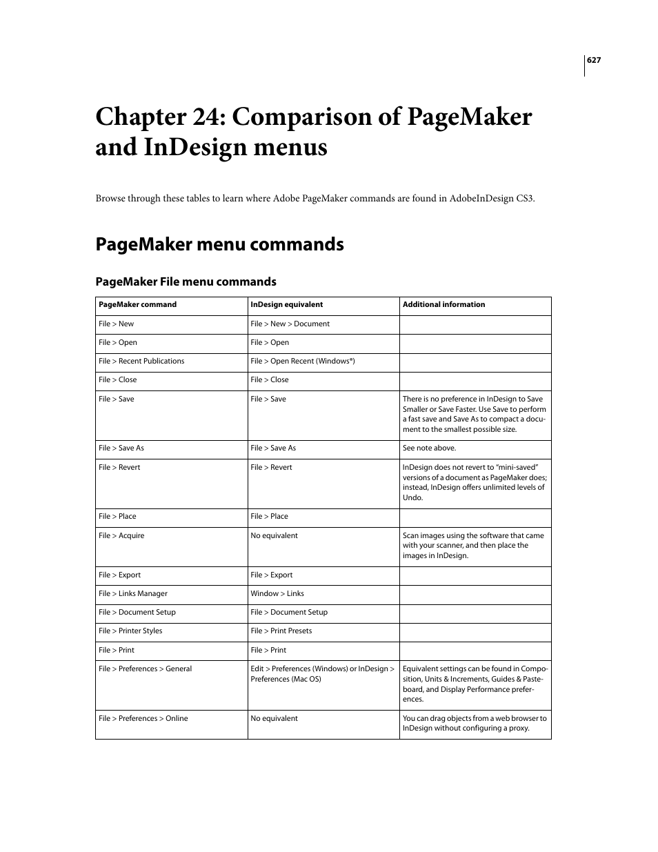 Pagemaker menu commands, Pagemaker file menu commands | Adobe InDesign CS3 User Manual | Page 634 / 672