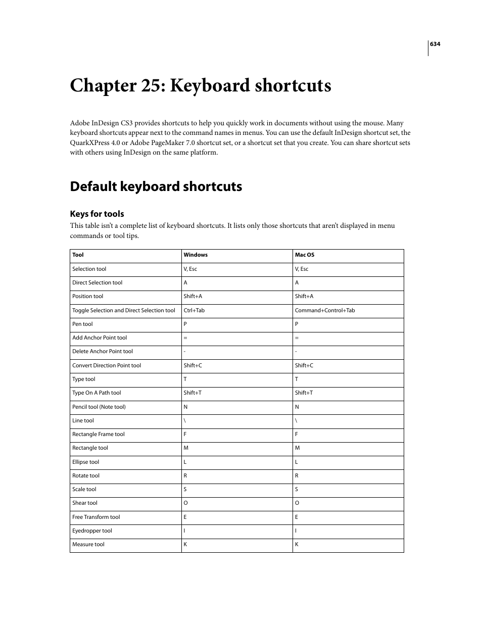 Chapter 25: keyboard shortcuts, Default keyboard shortcuts, Keys for tools | Adobe InDesign CS3 User Manual | Page 641 / 672
