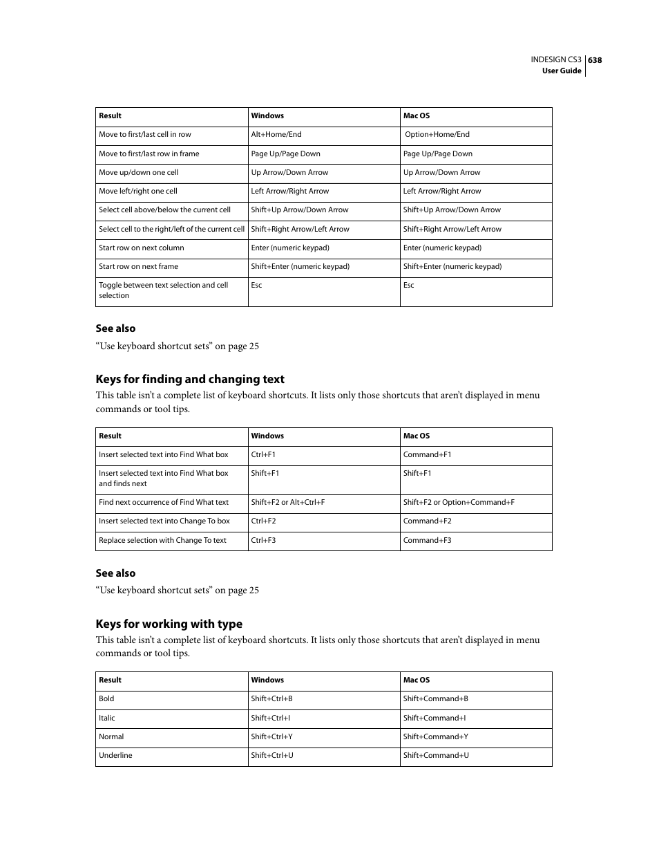 Keys for finding and changing text, Keys for working with type, See also | Adobe InDesign CS3 User Manual | Page 645 / 672