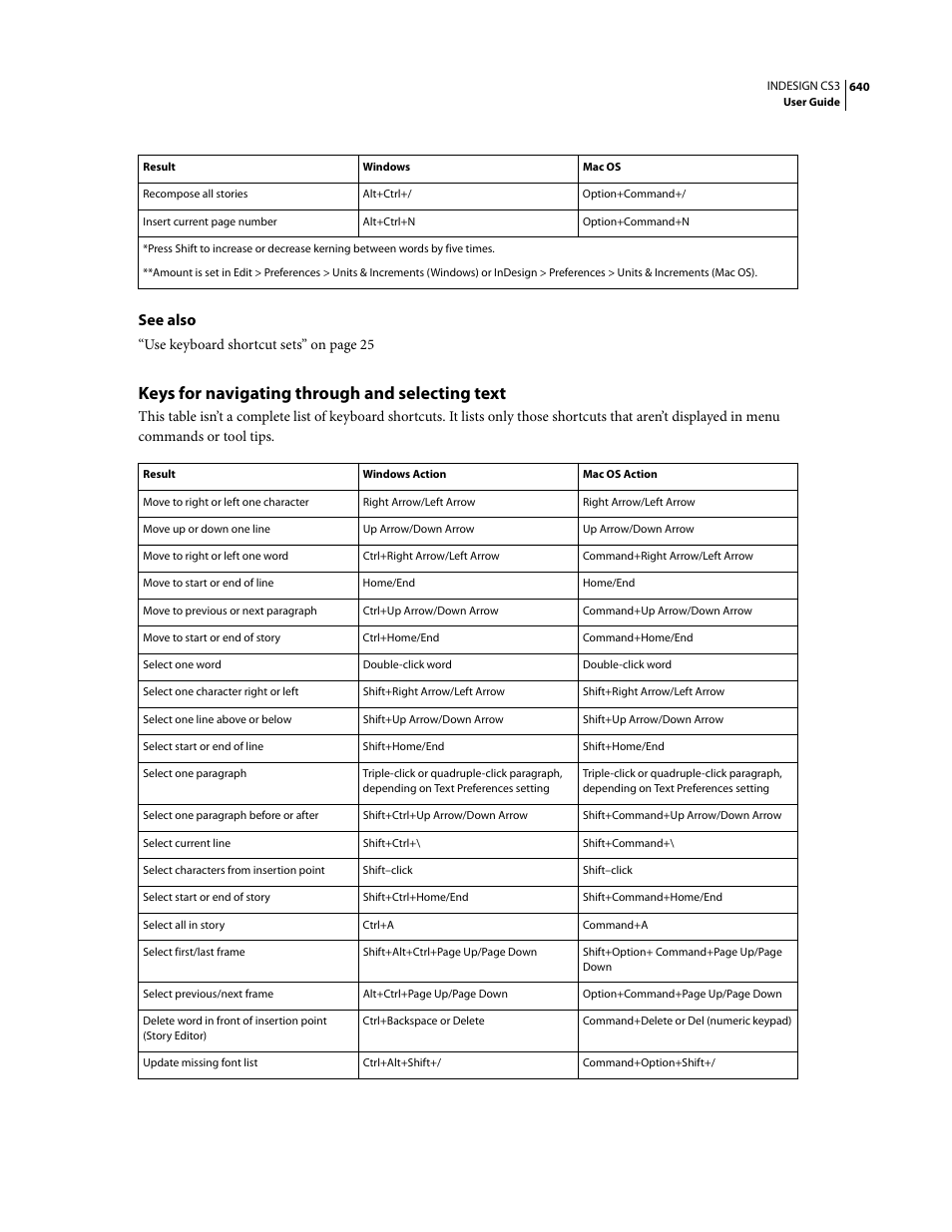 Keys for navigating through and selecting text, See also | Adobe InDesign CS3 User Manual | Page 647 / 672