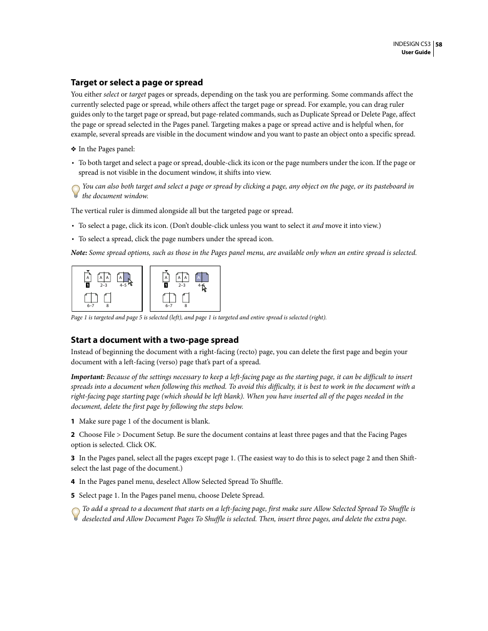 Target or select a page or spread, Start a document with a two-page spread | Adobe InDesign CS3 User Manual | Page 65 / 672