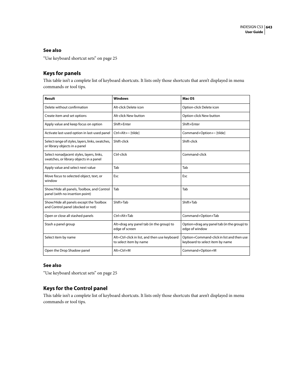 Keys for panels, Keys for the control panel | Adobe InDesign CS3 User Manual | Page 650 / 672