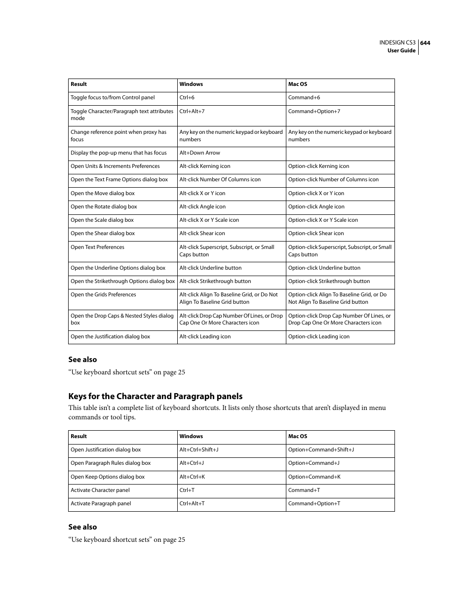 Keys for the character and paragraph panels, See also | Adobe InDesign CS3 User Manual | Page 651 / 672